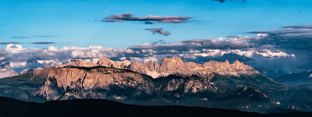 Beautiful landscape panorama of high rock Dolomites mountains in Italy