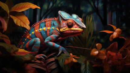 Fototapeta premium a painting of a chamelon sitting on a tree branch in a forest with lots of leaves and flowers. generative ai