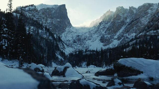 Beautiful Snowy mountains and trees of Colorado during sunset
