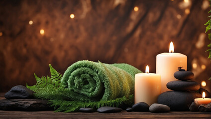 Obraz na płótnie Canvas Towel on fern with candles and hot stone on wooden background. backdrop with copy space