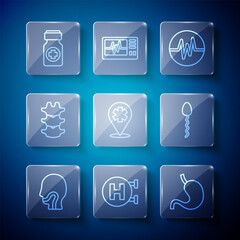 Set line Sore throat, Hospital signboard, Human stomach, Heart rate, Location with cross hospital, spine, Medicine bottle and pills and Sperm icon. Vector