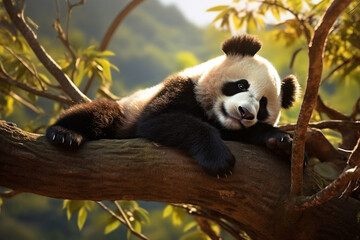 Fototapeta premium A giant panda is lying on tree