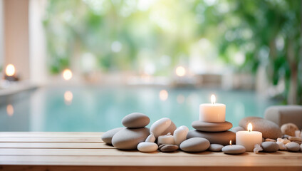 Candles and hot stones for massage with swimming pool background