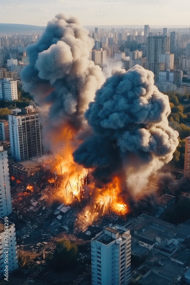 Poster a large fire in the middle of a city. this image can be used to depict a disaster or emergency situa