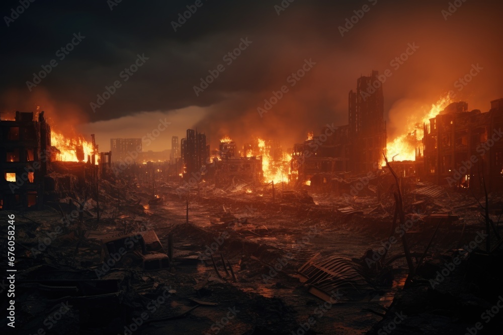 Poster a picture capturing a blazing fire in the midst of a cityscape. this intense image can be used to il