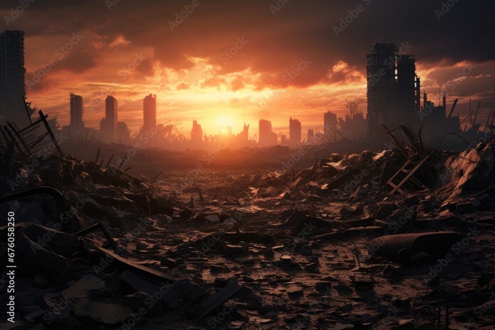 Poster a breathtaking view of the sun setting over a city that has been destroyed, creating a hauntingly be