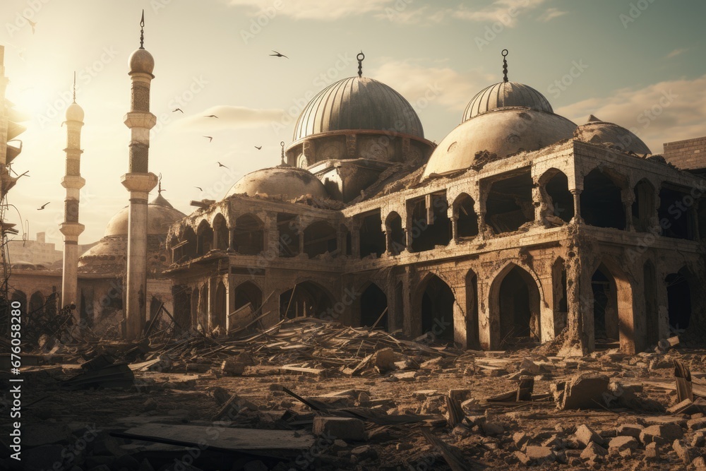 Poster a large building surrounded by scattered rubble. this image can be used to depict urban decay, demol