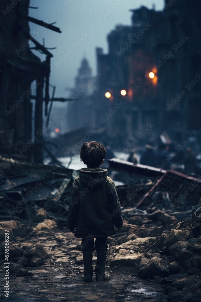 Poster a little boy standing in the middle of a street. suitable for various concepts and themes.