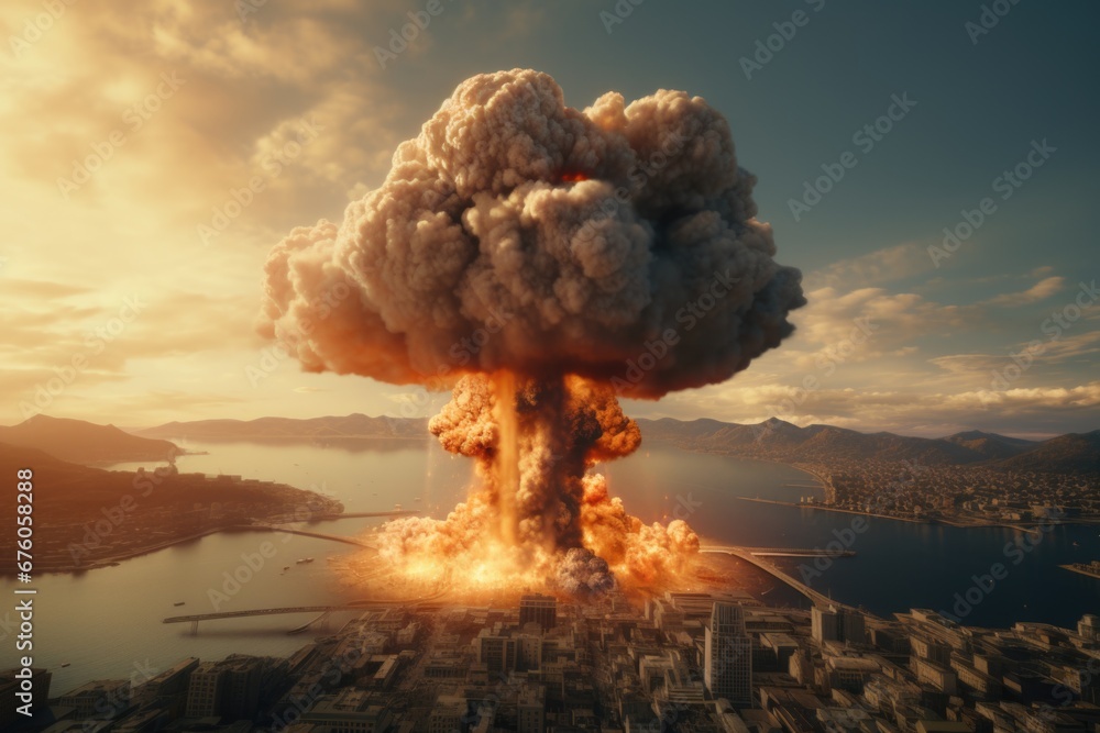 Aufkleber a powerful explosion of smoke and fire engulfing a city. this image captures the chaos and destructi