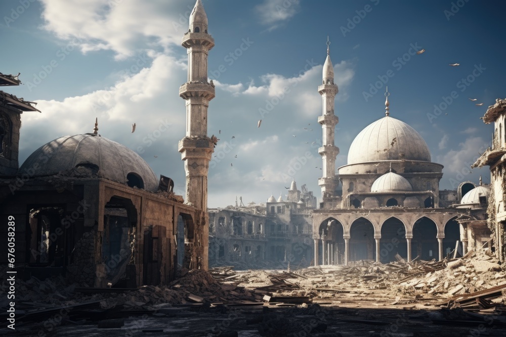 Poster a picture of a ruined city with a mosque in the background. this image can be used to depict the aft