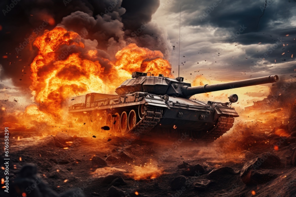 Aufkleber a powerful image capturing a tank in the midst of a fiery explosion. perfect for military-themed pro