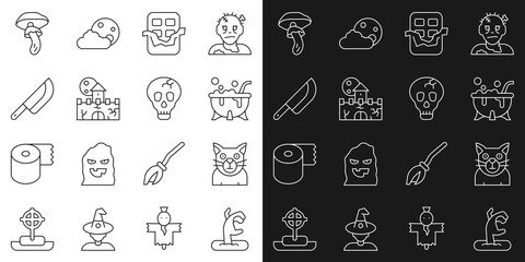 Set line Zombie hand, Cat, Halloween witch cauldron, Chocolate bar, Castle, fortress, Knife, Psilocybin mushroom and Skull icon. Vector