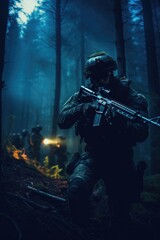 Fototapeta premium A picture of a man holding a gun in a wooded area. This image can be used to depict hunting, survival, or dangerous situations.