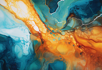 watercolor painting of two strands of blue and orange paint fluid acrylics, aerial view, turquoise and white