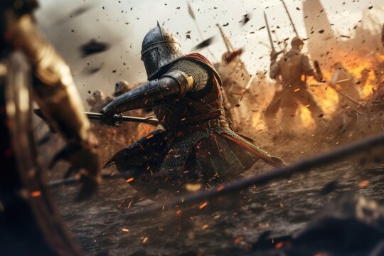 A dynamic image capturing a group of men engaged in an intense sword fight. This picture can be used to depict medieval battles, historical reenactments, or action-packed fantasy scenes.