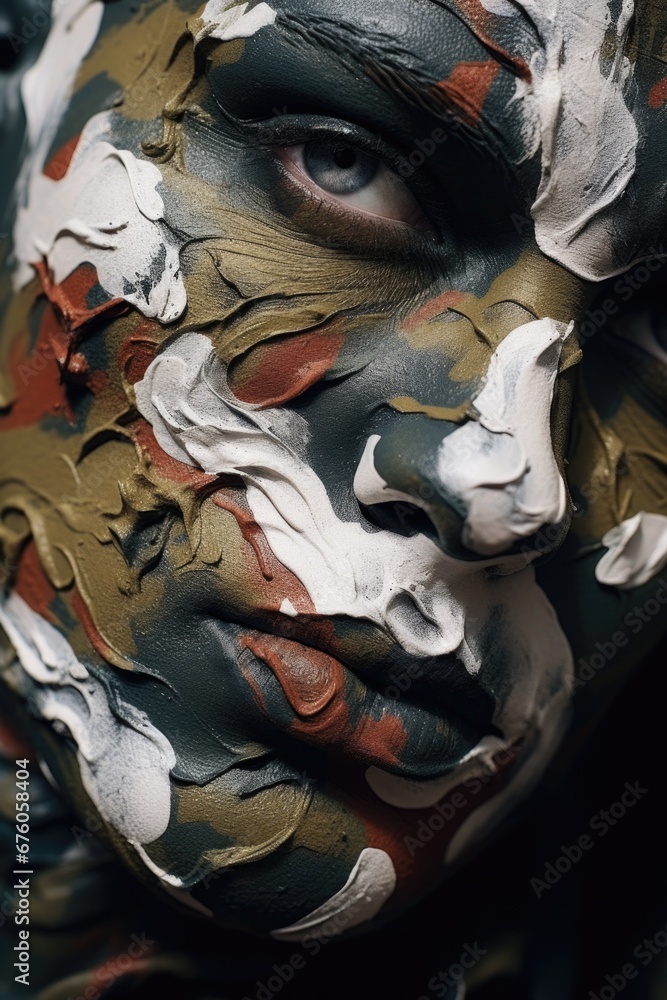 Poster A close-up view of a person with a painted face. This image can be used for various purposes and events where face painting is involved.