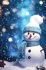 Fototapeta premium A snowman wearing a blue hat and scarf. This picture can be used to depict winter, holiday season, or Christmas themes.