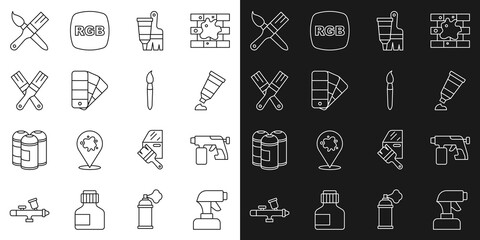 Set line Paint spray gun, Tube with paint palette, and brush, Color guide, and icon. Vector