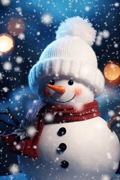 A close-up photograph of a snowman wearing a hat and scarf. This picture can be used to capture the winter season and the joy of building snowmen.