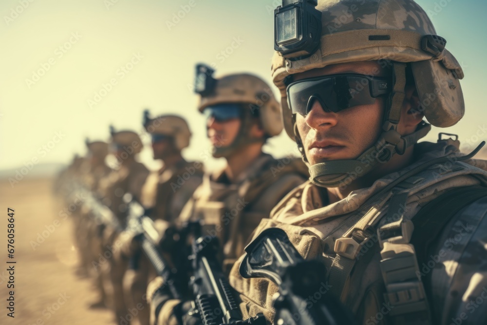 Poster a group of soldiers standing in formation. this image can be used to depict military unity and teamw