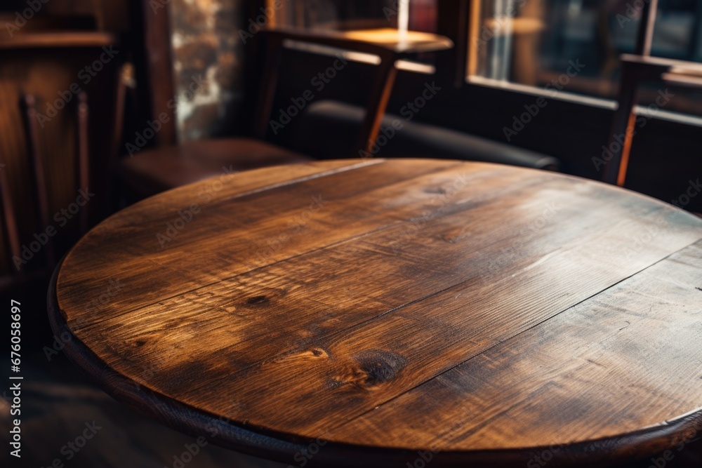 Poster a simple wooden table placed in front of a window, providing a cozy and serene setting. ideal for ho