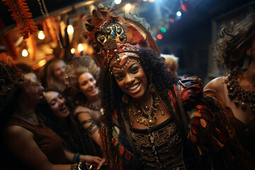 Fototapeta premium portrait of a woman of colour in carnival costume enjoying the festival