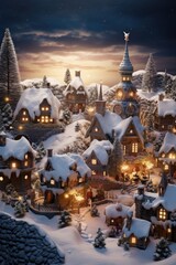 Obraz premium A beautiful Christmas village illuminated with lights and decorations. Perfect for holiday-themed designs and festive projects.