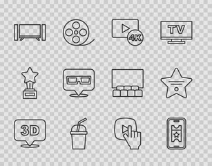 Set line 3D word, Buy cinema ticket online, Screen tv with 4k, Paper glass water, Smart Tv, glasses, Online play video and Walk of fame star icon. Vector