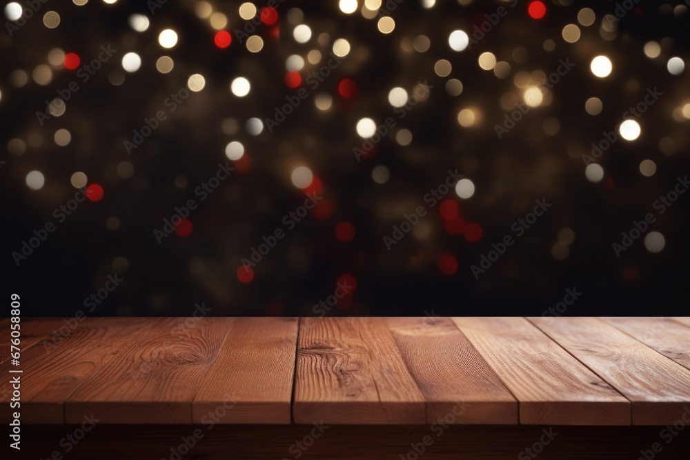 Poster a wooden table with a beautiful display of blurred lights in the background. perfect for adding a wa