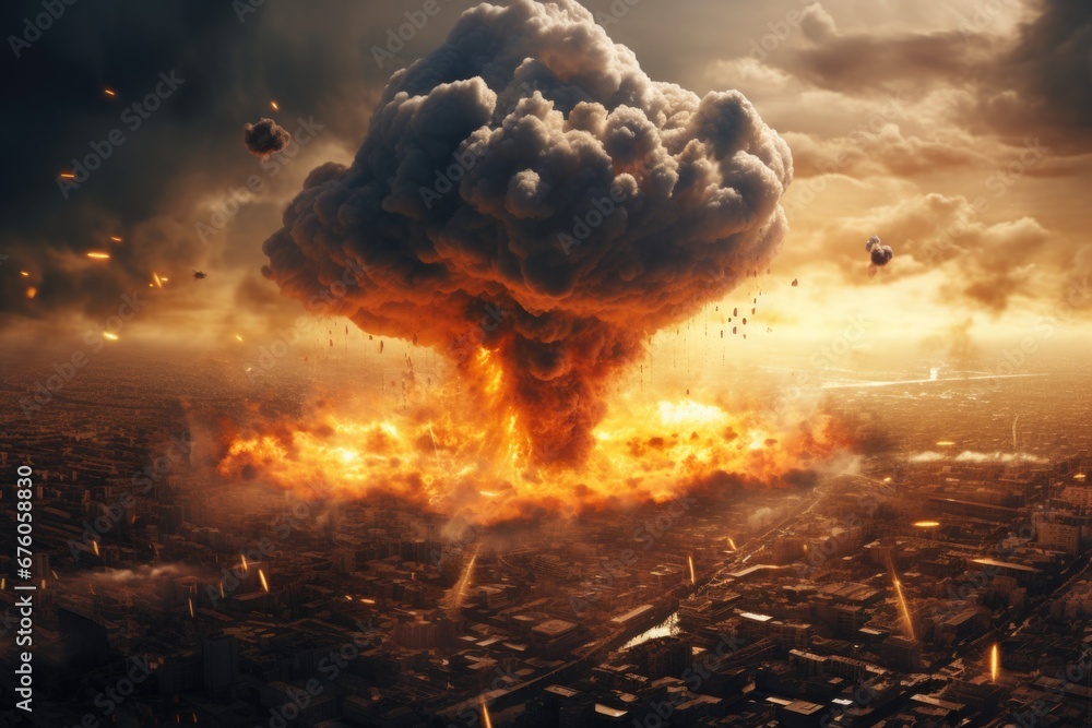 Aufkleber A massive explosion is captured in this image, showcasing the destructive power unleashed over a city. This picture can be used to depict disaster, chaos, or the impact of warfare.