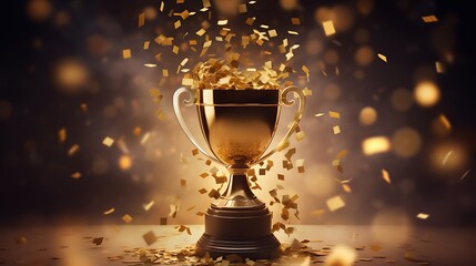 Gold first place winners trophy with falling confetti and streamers - obrazy, fototapety, plakaty