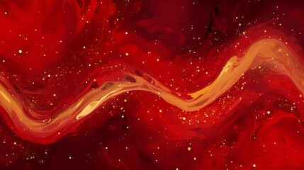 Red liquid with tints of golden glitters. Red background with a scattering of gold sparkles. Magic Galaxy of golden dust particles in red fluid with burgundy tints