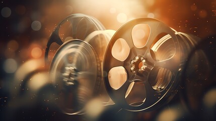 Old cinema film reels with bokeh background