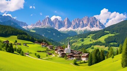 Famous best alpine place of the world, Santa Maddalena village with magical Dolomites mountains in background, Val di Funes valley, Trentino Alto Adige region, Italy, Europe - obrazy, fototapety, plakaty