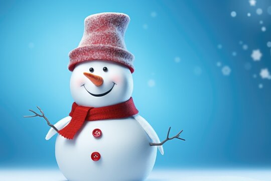 A snowman wearing a red hat and scarf. This image can be used to depict winter, Christmas, or holiday themes.