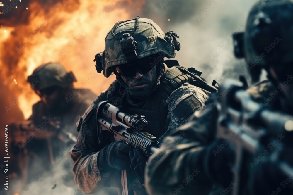 Poster A group of soldiers standing in front of a fire. This image can be used to depict a military scene or a war zone.