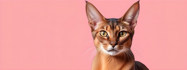 Abyssinian cat on a pastel background. Cat a solid uniform background, for your advertising and design with copy space. Creative animal concept. Looking towards camera.