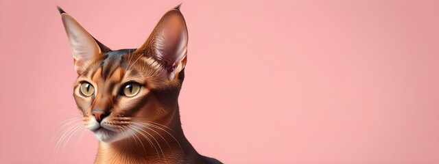 Abyssinian cat on a pastel background. Cat a solid uniform background, for your advertising and design with copy space. Creative animal concept. Looking towards camera.