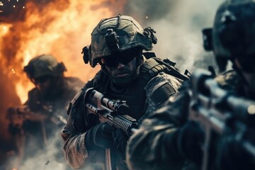 A group of soldiers standing in front of a fire. This image can be used to depict a military scene or a war zone.