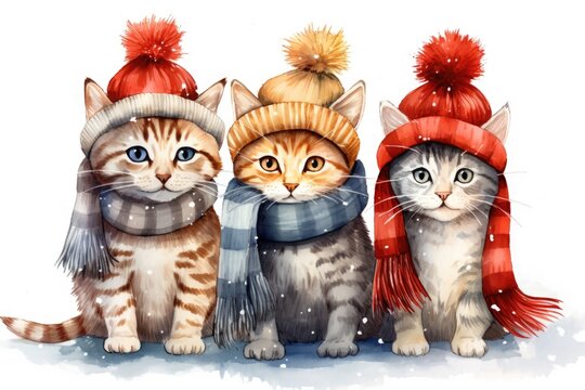 Three cats are pictured wearing adorable hats and scarves in a snowy setting. This image can be used to depict winter fashion for pets or to add a cute and festive touch to holiday-themed designs