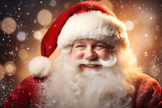 A close-up image of a person dressed in a Santa suit. This picture can be used for various holiday-themed designs and promotions