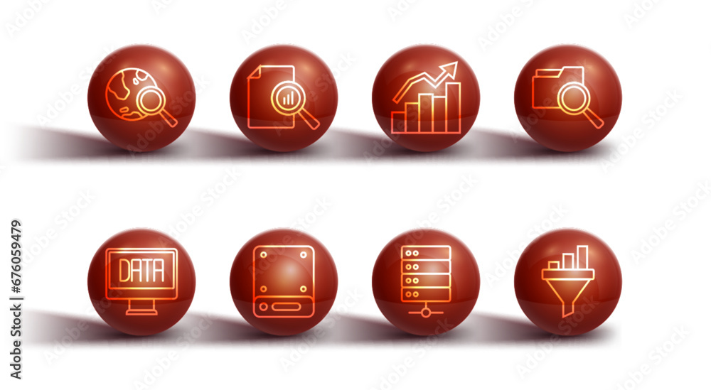 Aufkleber set line search globe, data analysis, with folder, server, document graph chart, sales funnel and fi