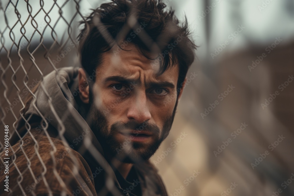 Poster a man with a beard and a jacket is seen looking through a chain link fence. this image can be used t