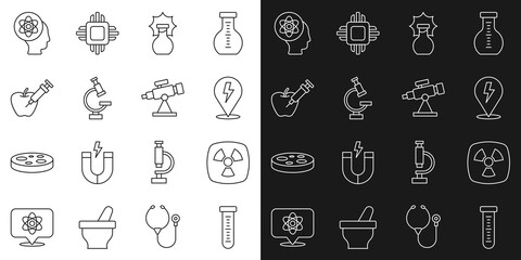 Set line Test tube, Radioactive, Lightning bolt, Explosion the flask, Microscope, Genetically modified apple, Atom and Telescope icon. Vector