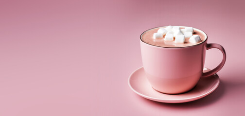 Mug of Hot Chocolate with Marshmallows on a Pink Background with Space for Copy