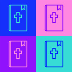 Fototapeta premium Pop art line Holy bible book icon isolated on color background. Vector