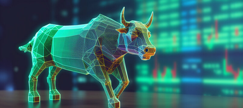 Bull and technical financial market graph on technology abstract background concept for Increase in stock prices, positive bull market, low-interest rates, low interest rates, increase in consumption