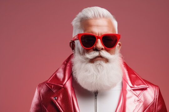 A picture of a man with a white beard wearing red sunglasses. This image can be used for various purposes, such as advertising, fashion, or holiday-themed designs