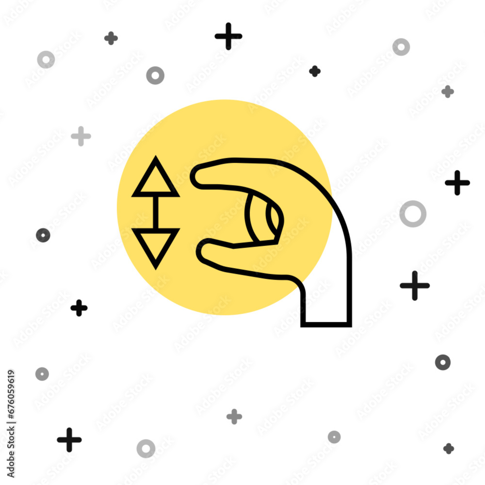 Poster black line human standing and showing the size of something with his hands icon isolated on white ba