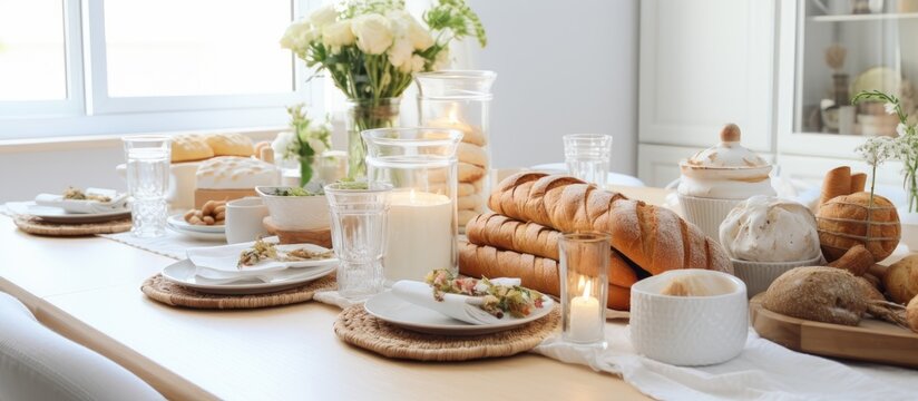 In my white cozy home I set the table with fresh bread from the local bakery along with a plate of mouthwatering meat for a gourmet breakfast I love cooking and experimenting with different 